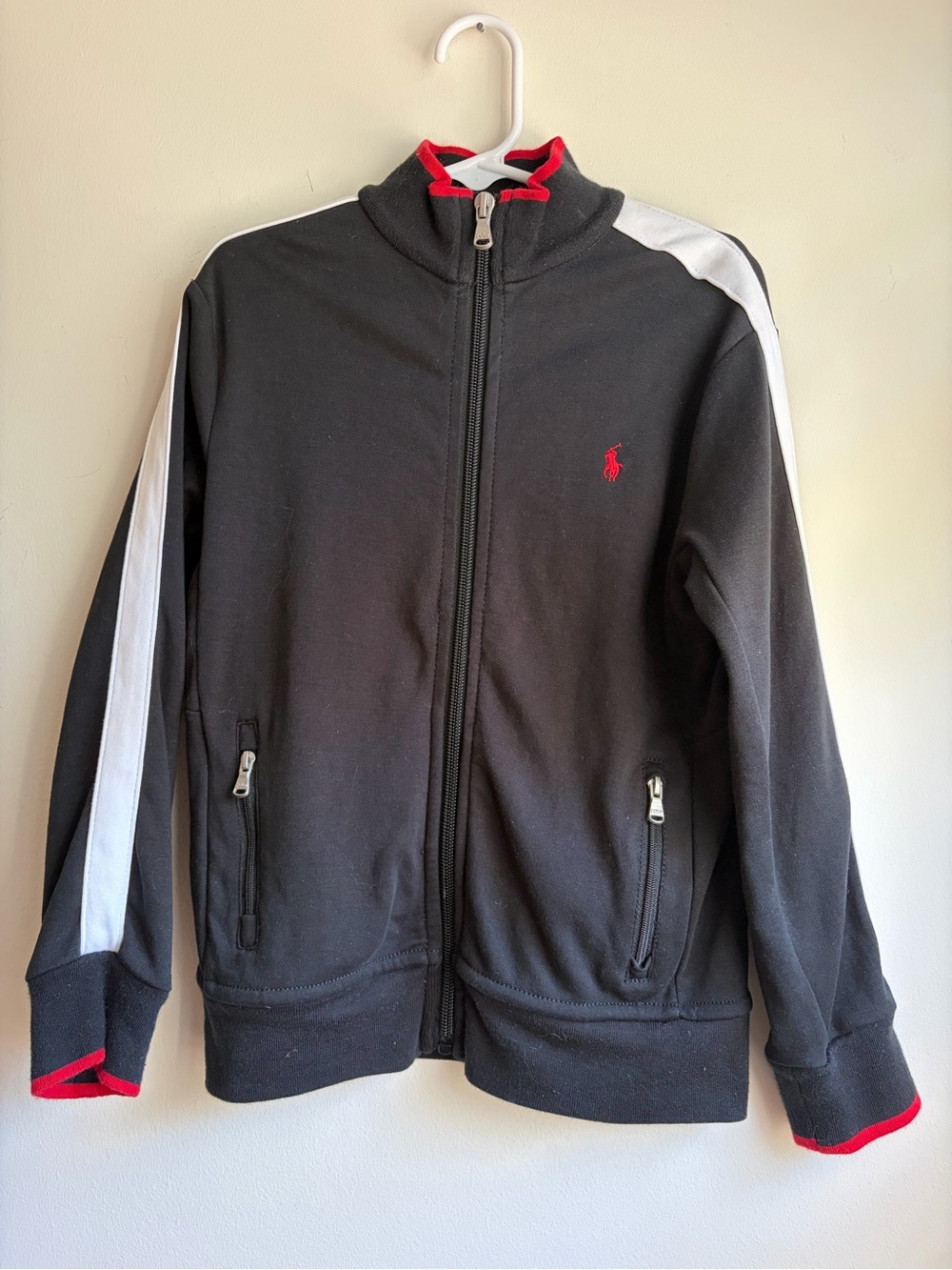 Polo Ralph Lauren Track Jacket Boys 5 Black Red Full Zip Pony Logo Striped Sleev